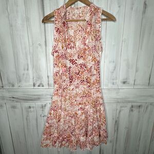 POUPETTE ST BARTH CLARA PINK FLORAL TASSEL EYELET  RUFFLE TIERED MINI DRESS M